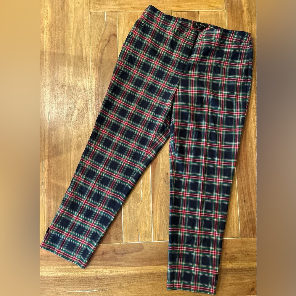 Talbots Womens 10 Christmas Plaid Cropped Pants Bow Ankle Slit Red Green Preppy